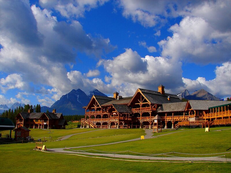 Mountain lodge with scenic backdrop