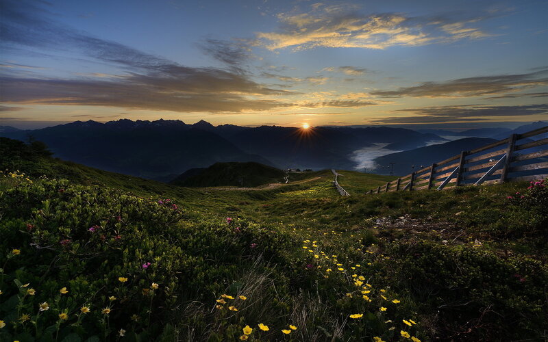 Mountain Meadow at Sunrise — Green, Serene, Photograph, Fence