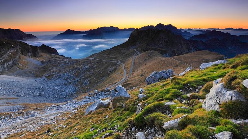 Mountain Path at Sunrise — Orange, Serene