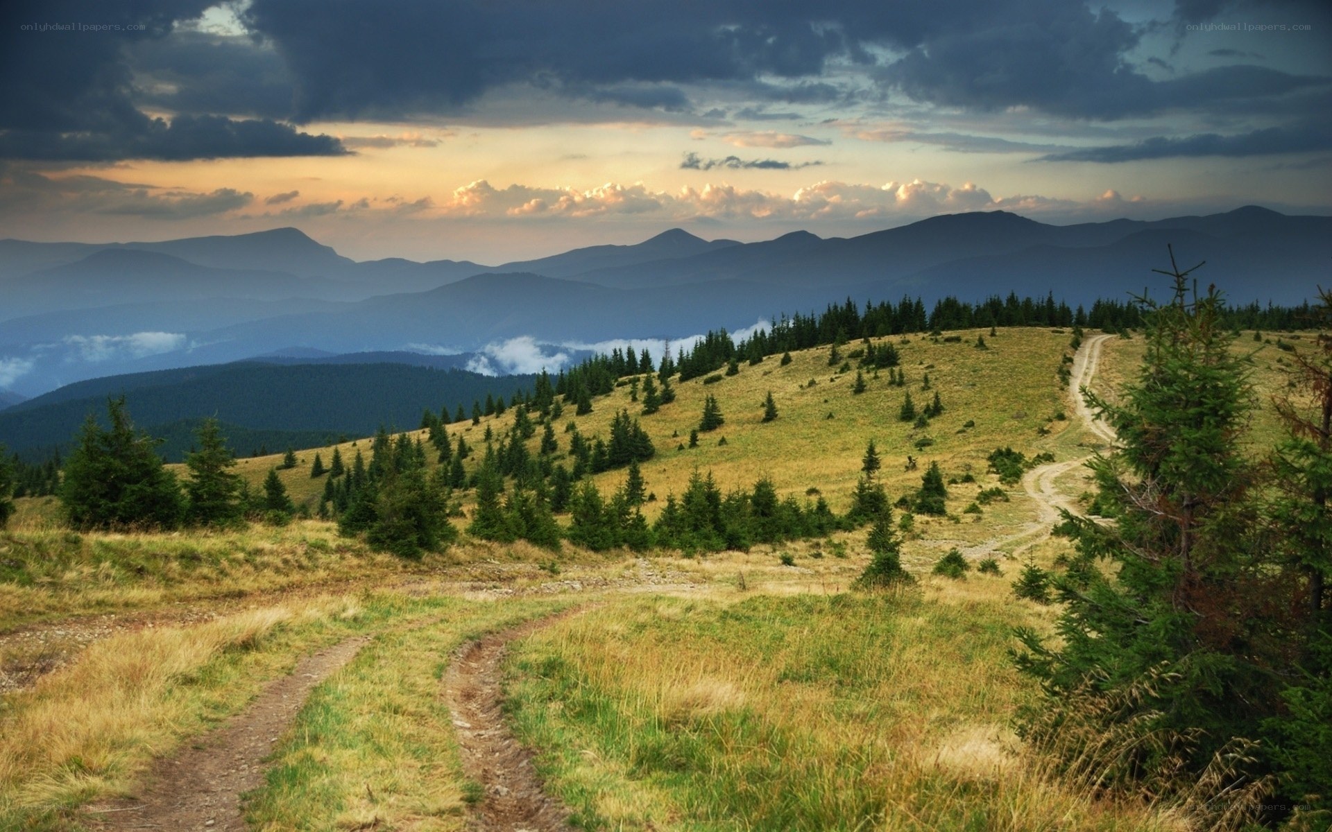 Mountain path at sunset