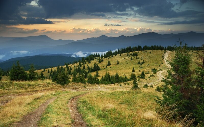 Mountain Path at Sunset — Green, Dramatic