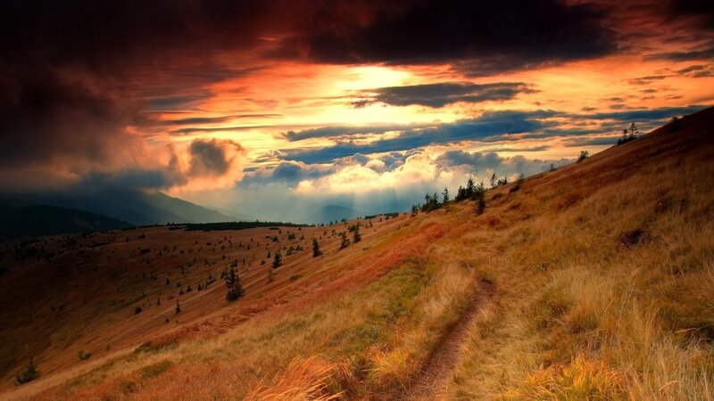 Mountain Path at Sunset — Orange, Dramatic, Photograph, Clouds