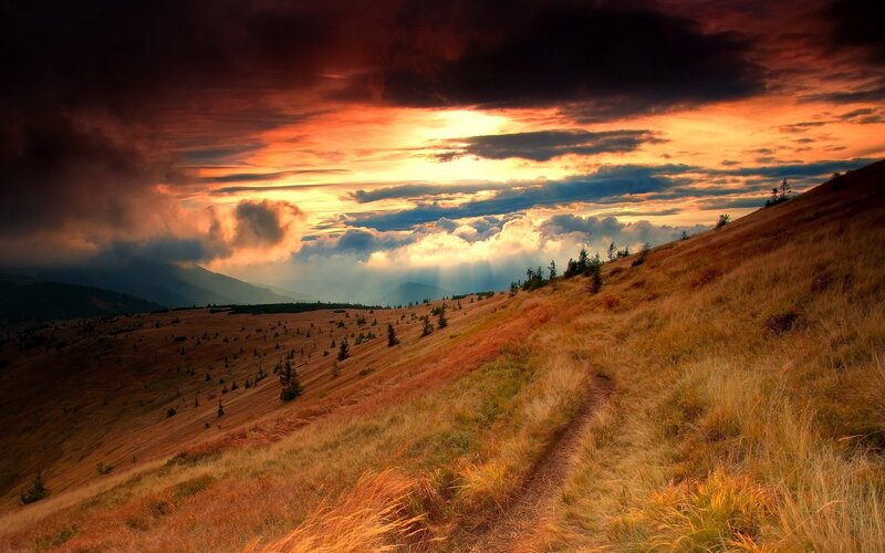 Mountain Path at Sunset — Orange, Dramatic, Photograph, Grass, Clouds