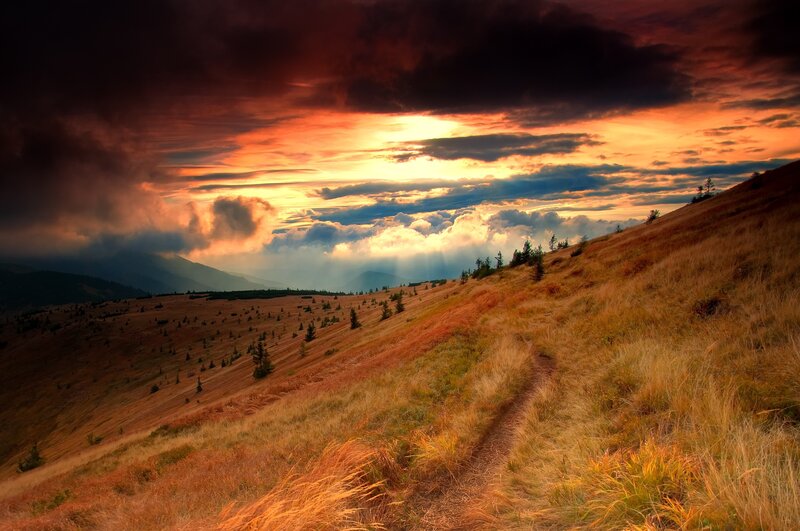 Mountain Path at Sunset — Orange, Dramatic, Photograph, Grass