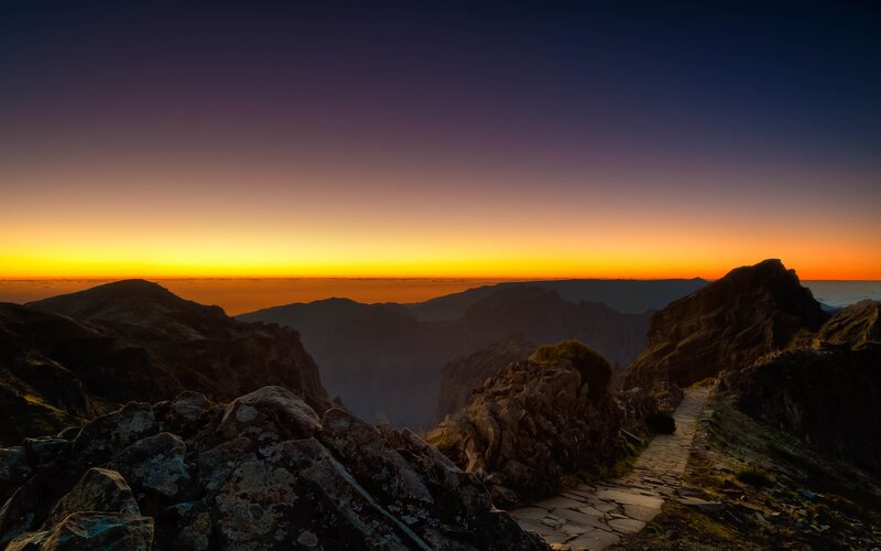Mountain Path at Sunset — Orange, Dramatic, Photograph, Mountains