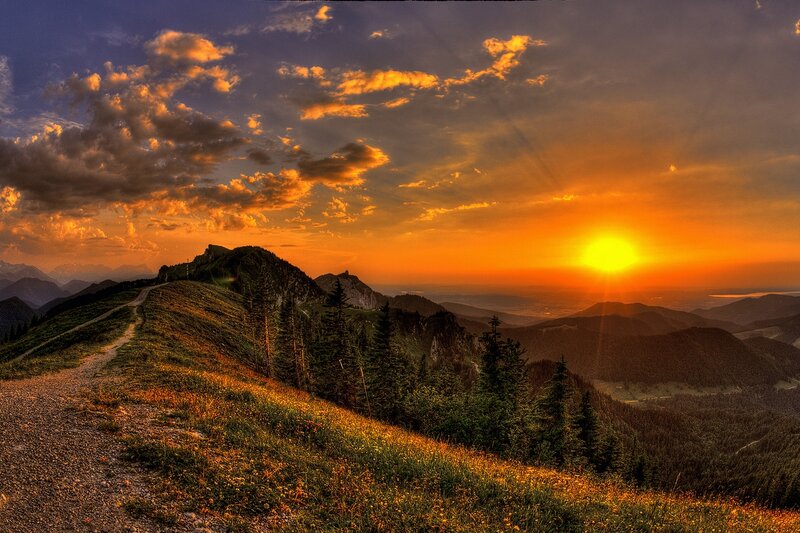 Mountain Path at Sunset — Orange, Dramatic, Photograph, Sun