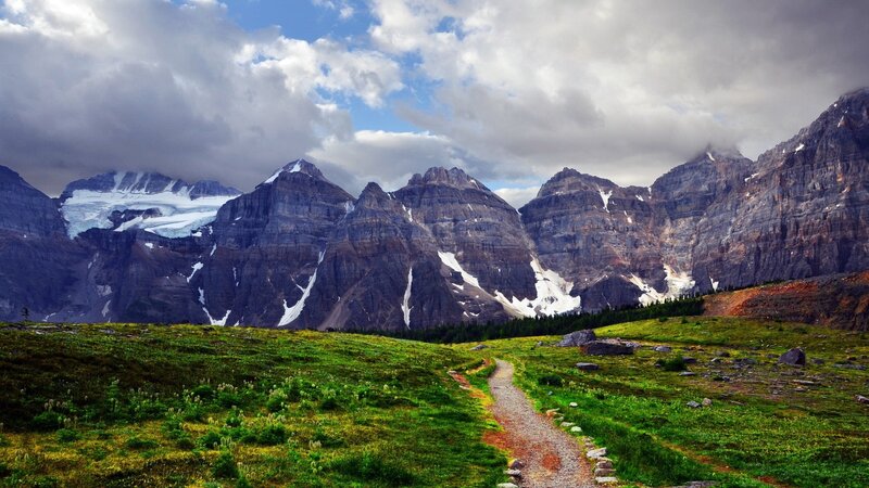 Mountain Path in Alpine Meadow — Green, Dramatic, Afternoon, Photograph, Mountains, Snow, Clouds