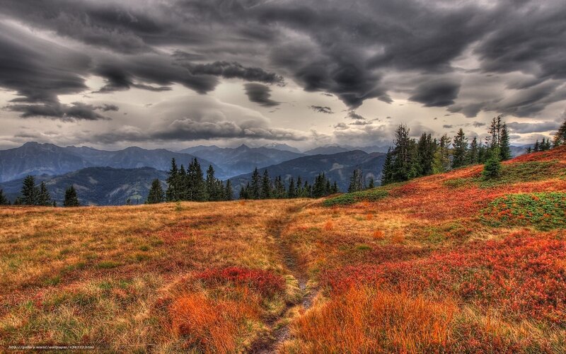 Mountain Path in Autumn — Red, Dramatic