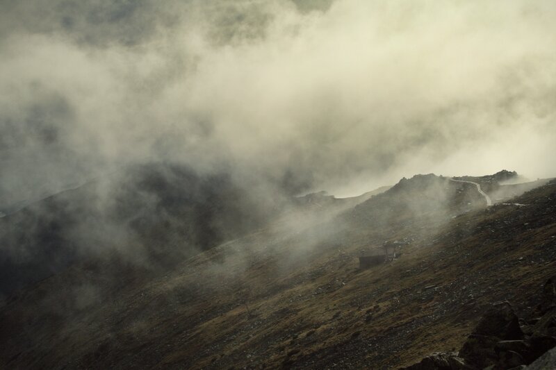 Mountain path in fog