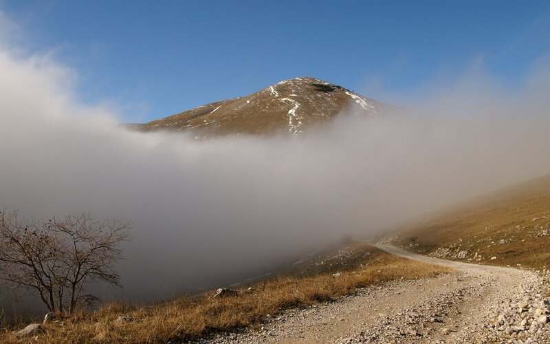 Mountain path through fog