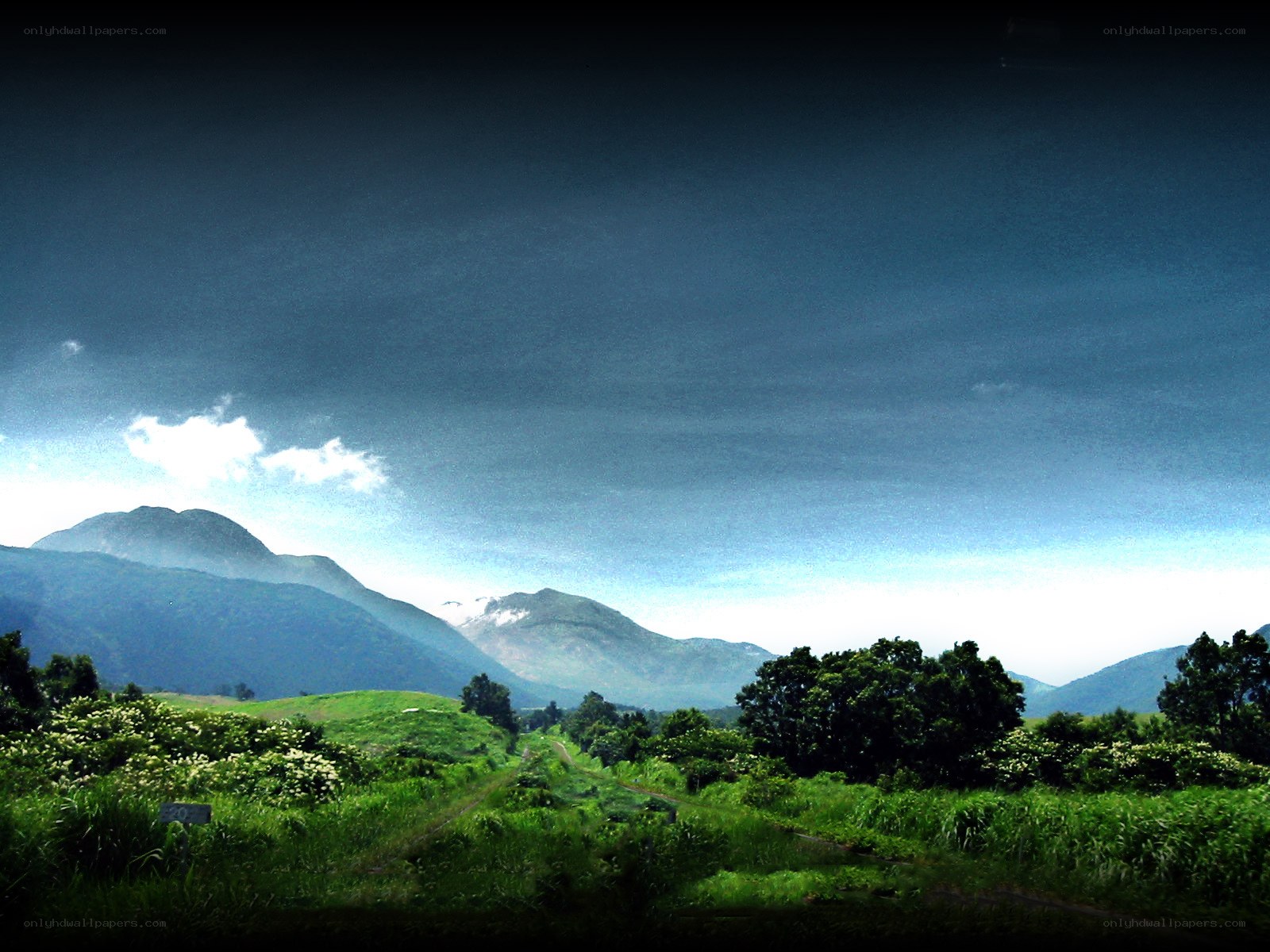 Mountain path through green fields