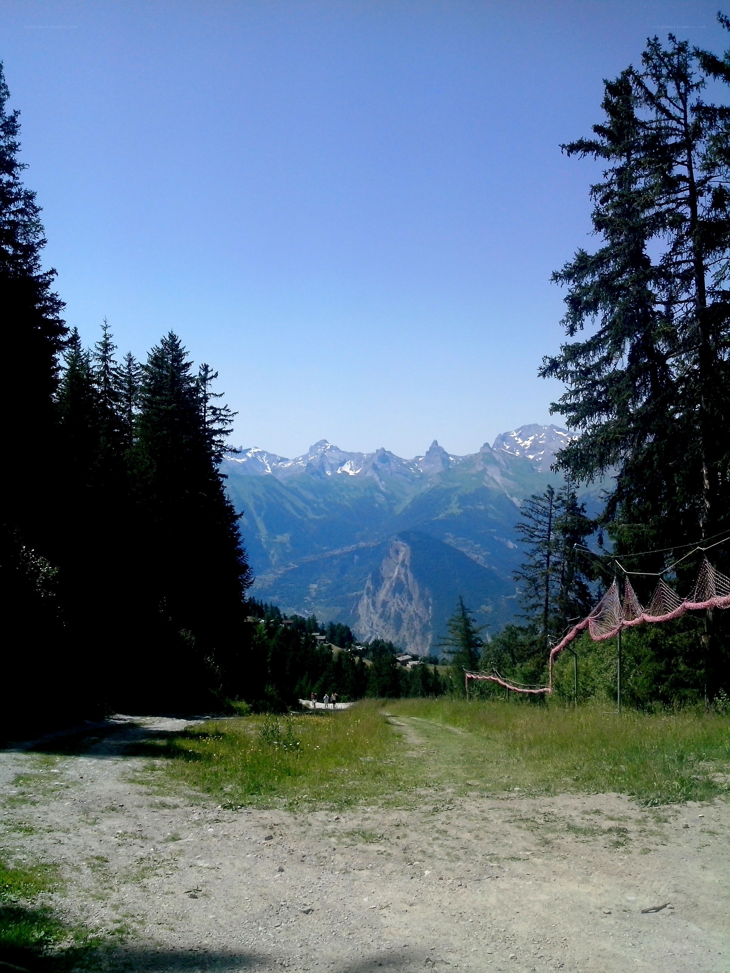 Mountain path with forest and peaks