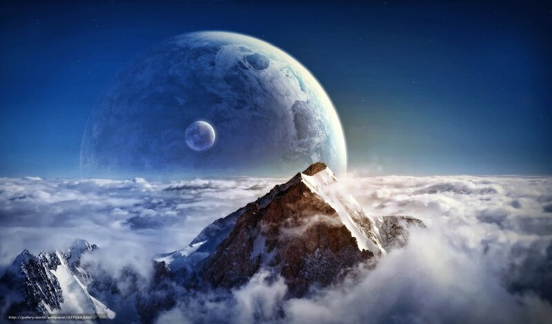 Mountain Peak Above Clouds — Blue, Dramatic, Digital Art