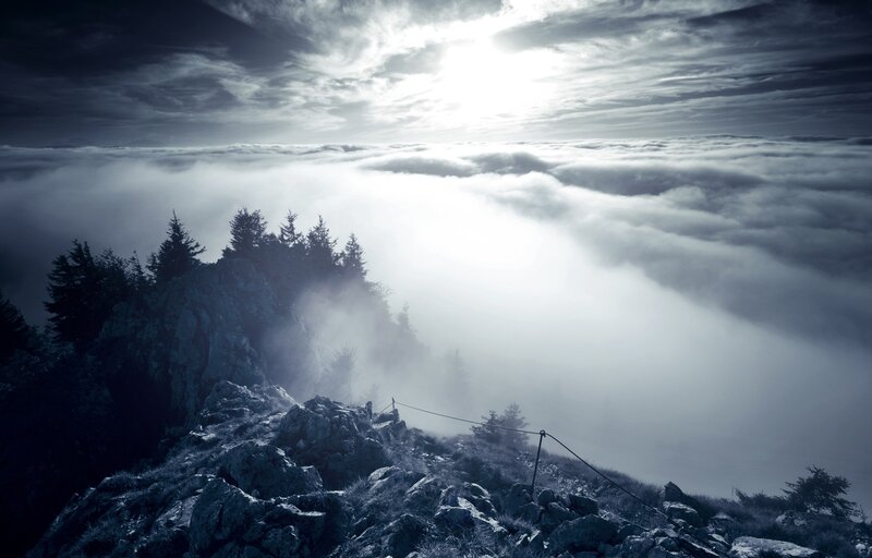 Mountain Peak Above Clouds — Blue, Dramatic, Morning, Photograph