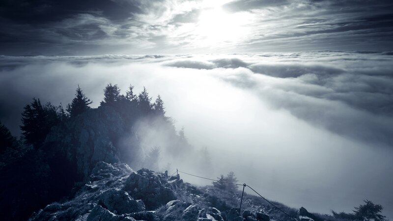 Mountain Peak Above Clouds — Blue, Dramatic, Morning