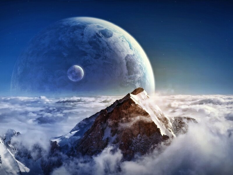 Mountain Peak Above Clouds — Blue, Dramatic, Night, Digital Art, Planet