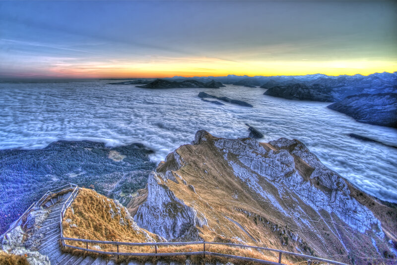 Mountain Peak Above Clouds — Blue, Dramatic, Sunrise, Photograph, Mountains