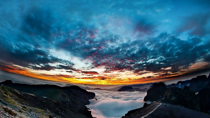 Mountain Peak Above Clouds — Blue, Dramatic, Sunrise, Photograph, Sky, Mountains