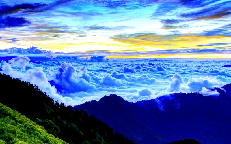 Mountain Peak Above Clouds — Blue, Dramatic, Sunrise, Photograph, Sky, Trees