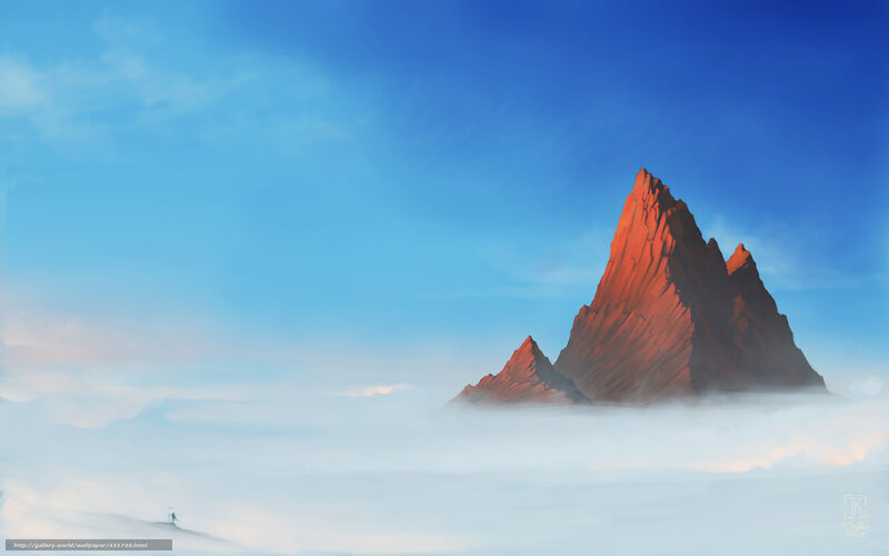 Mountain Peak Above Clouds — Blue, Serene, Morning, Digital Art