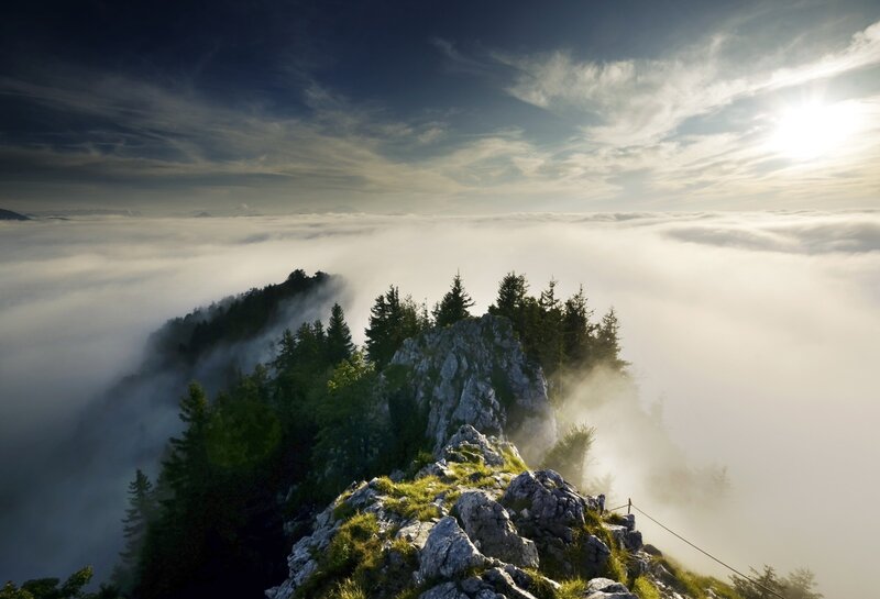 Mountain Peak Above Clouds — Blue, Serene, Morning, Photograph, Trees, Rocks