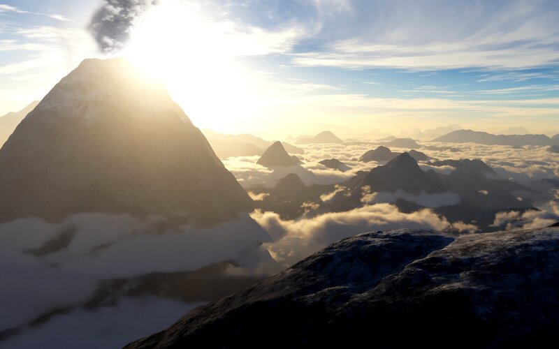 Mountain Peak Above Clouds — Blue, Serene, Sunrise, 3d Render, Sun