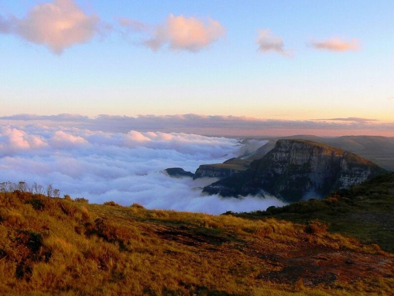 Mountain Peak Above Clouds — Blue, Serene, Sunrise, Photograph, Cliffs