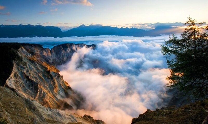 Mountain Peak Above Clouds — Blue, Serene, Sunrise, Photograph, Trees