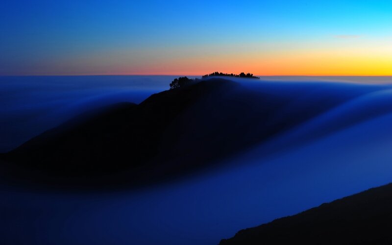 Mountain Peak Above Clouds — Blue, Serene, Sunrise
