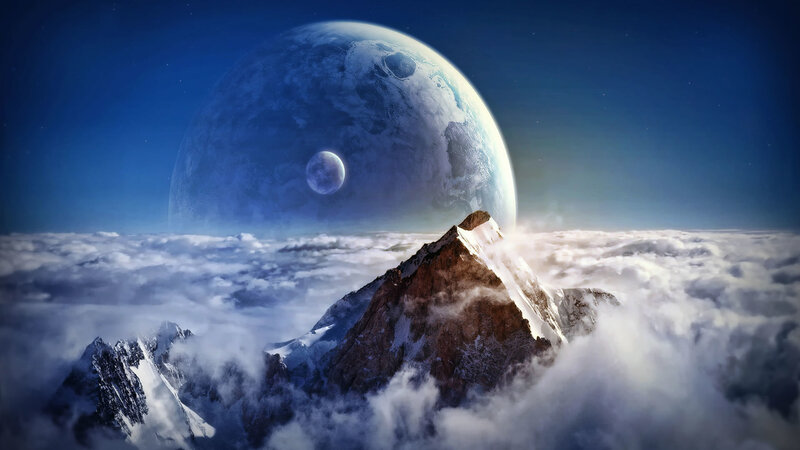 Mountain Peak Above Clouds — Blue