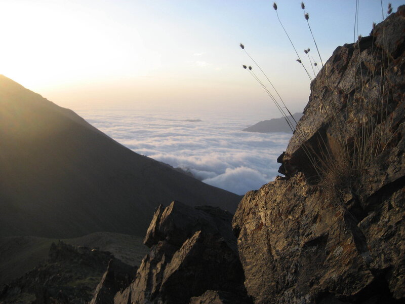 Mountain Peak Above Clouds — Gray, Serene, Sunrise