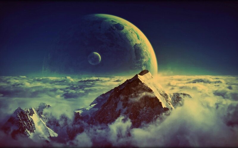 Mountain Peak Above Clouds — Green, Dramatic, Night, Digital Art