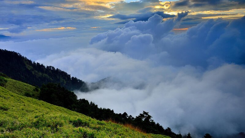 Mountain Peak Above Clouds — Green, Dramatic