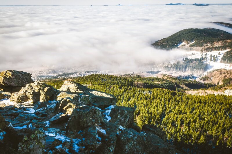 Mountain Peak Above Clouds — Green, Serene, Winter