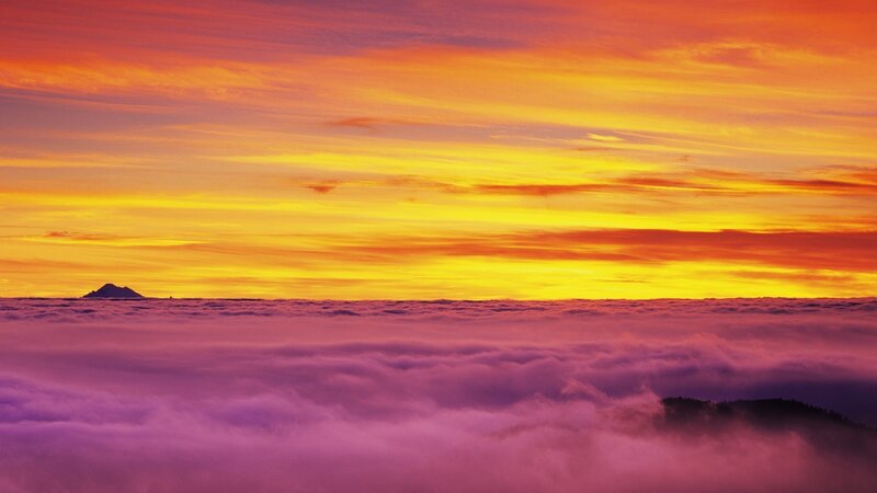 Mountain Peak Above Clouds — Orange, Dramatic, Sunrise, Photograph, Sky