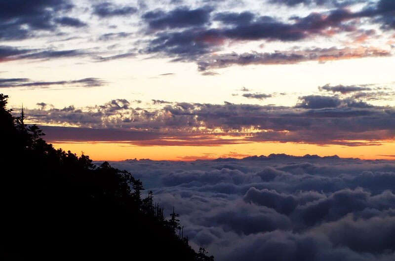 Mountain Peak Above Clouds — Orange, Dramatic, Sunrise, Photograph, Sky, Trees