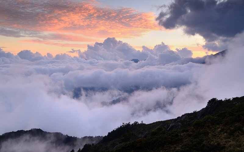 Mountain Peak Above Clouds — Orange, Dramatic, Sunrise, Photograph, Sky, Trees, White
