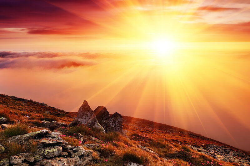 Mountain Peak Above Clouds — Orange, Dramatic, Sunrise
