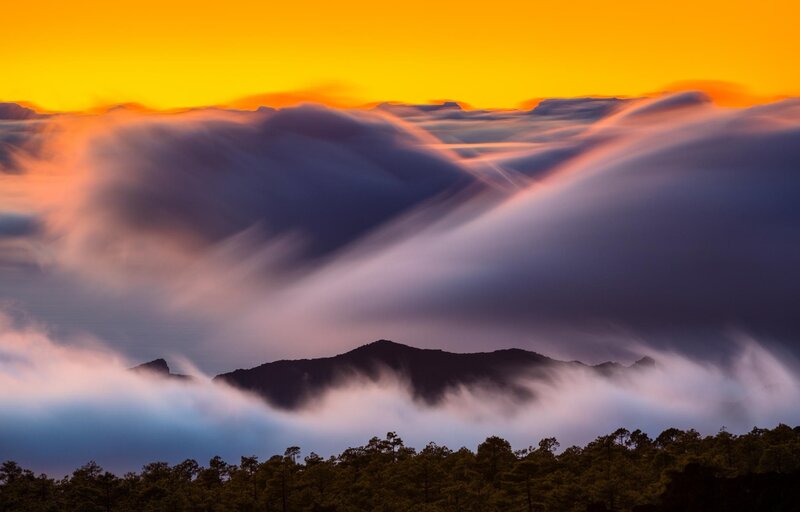 Mountain Peak Above Clouds — Orange, Dramatic, Sunset, Photograph, Forest