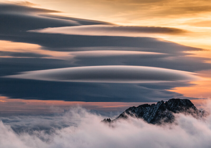Mountain Peak Above Clouds — Orange, Dramatic, Sunset, Photograph, Sky, Snow