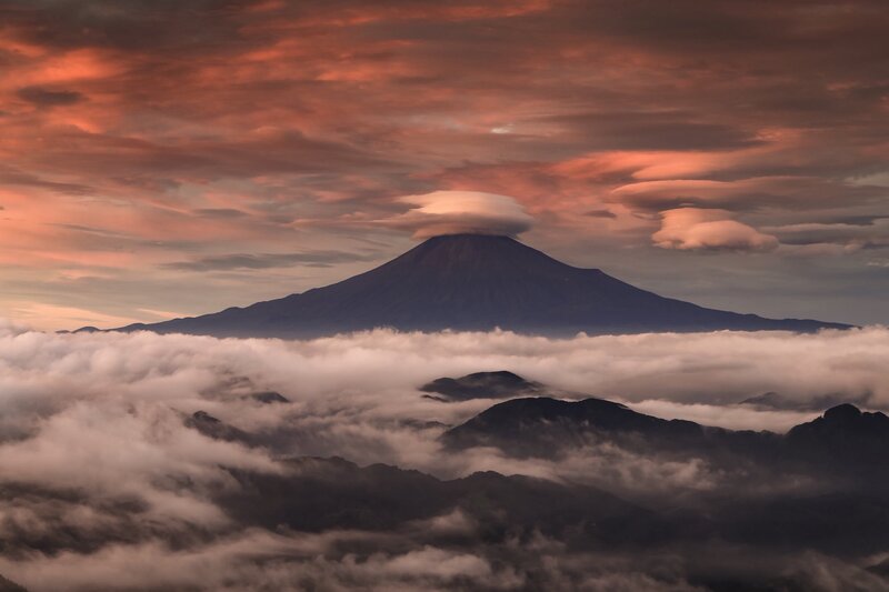Mountain Peak Above Clouds — Orange, Dramatic, Sunset, Photograph, Sky