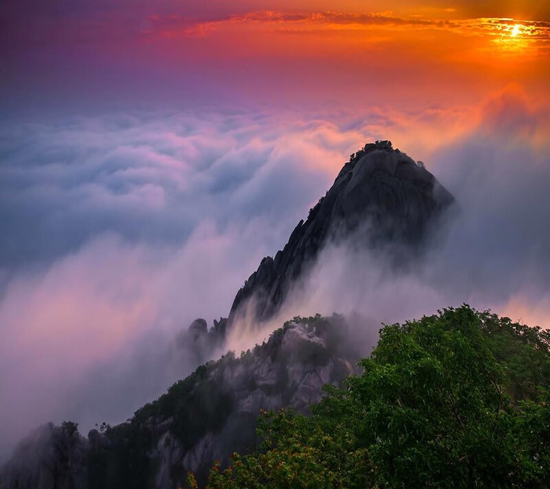 Mountain Peak Above Clouds — Orange, Dramatic, Sunset, Photograph, Sun