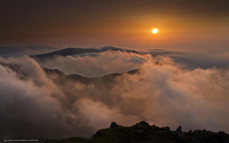 Mountain Peak Above Clouds — Orange, Dramatic, Sunset, Photograph