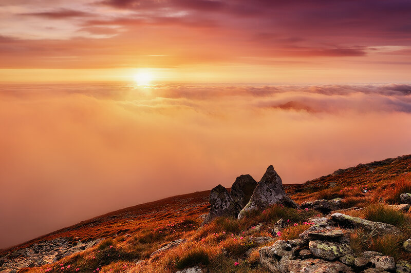 Mountain Peak Above Clouds — Orange, Serene, Sunrise, Photograph