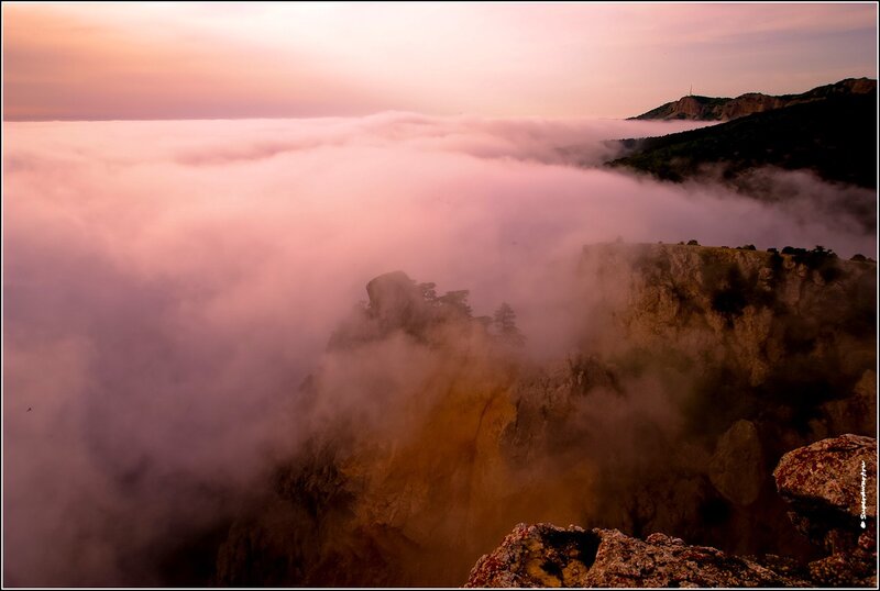 Mountain Peak Above Clouds — Pink
