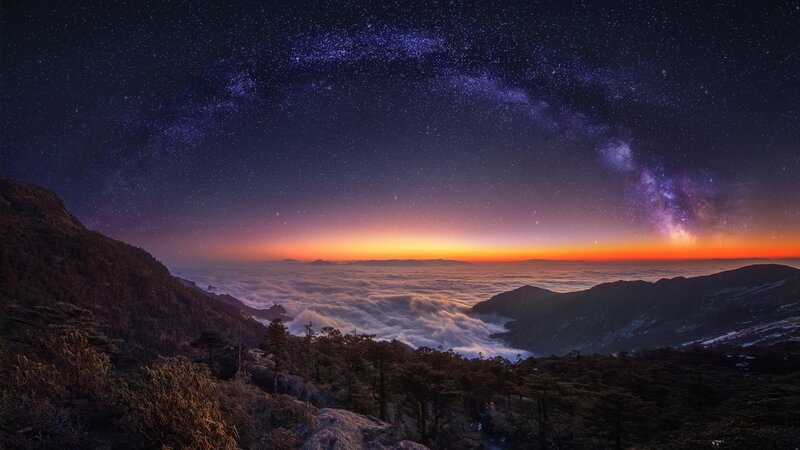 Mountain Peak Above Clouds — Purple, Serene, Night, Photograph