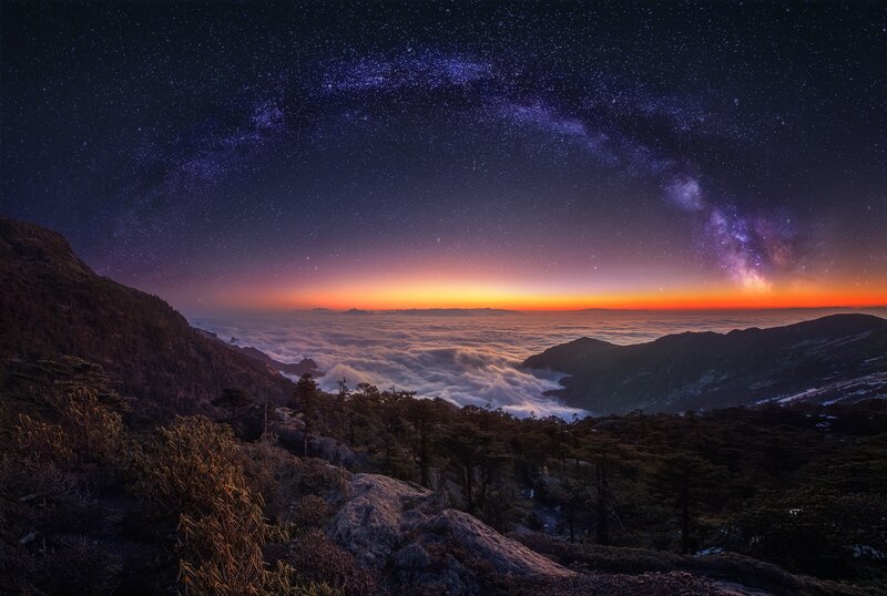 Mountain Peak Above Clouds — Purple, Serene, Night
