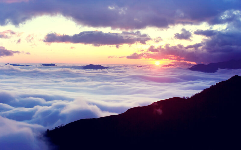 Mountain Peak Above Clouds — Purple, Serene, Sunrise