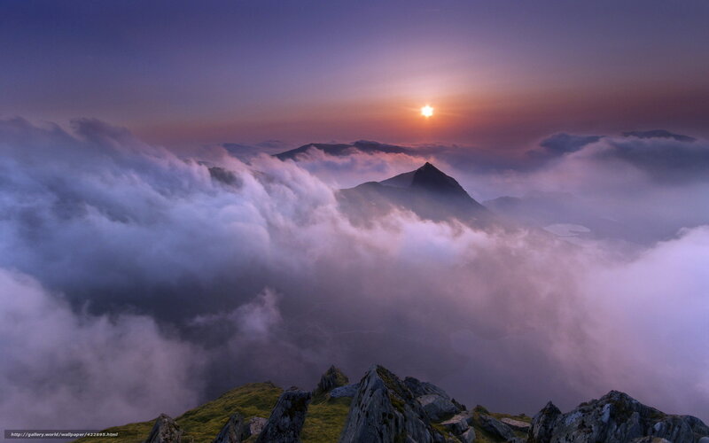 Mountain Peak Above Clouds — Purple, Serene, Sunset, Photograph