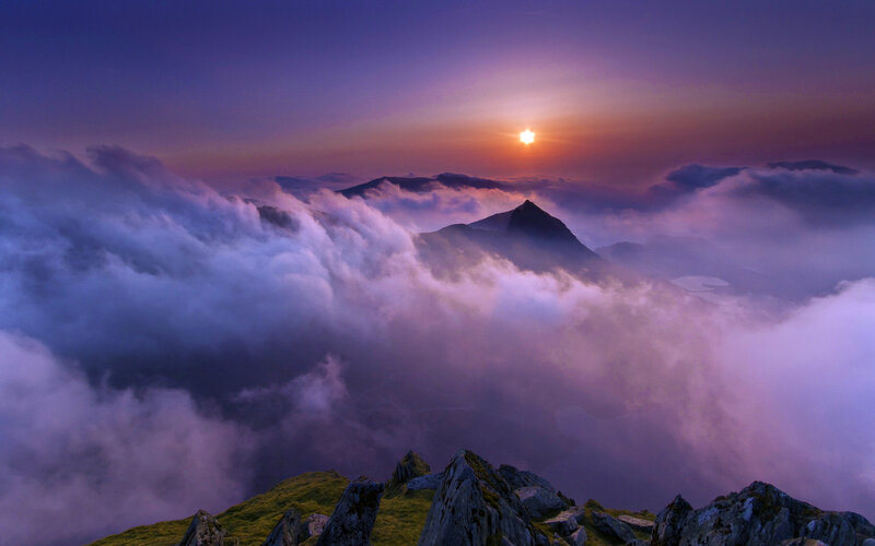 Mountain Peak Above Clouds — Purple, Serene, Sunset